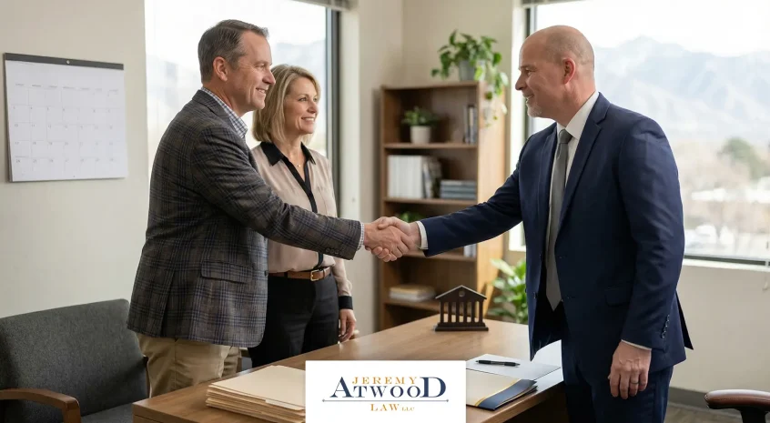 Attorney Jeremy Atwood greeting clients in his office during a probate consultation.
