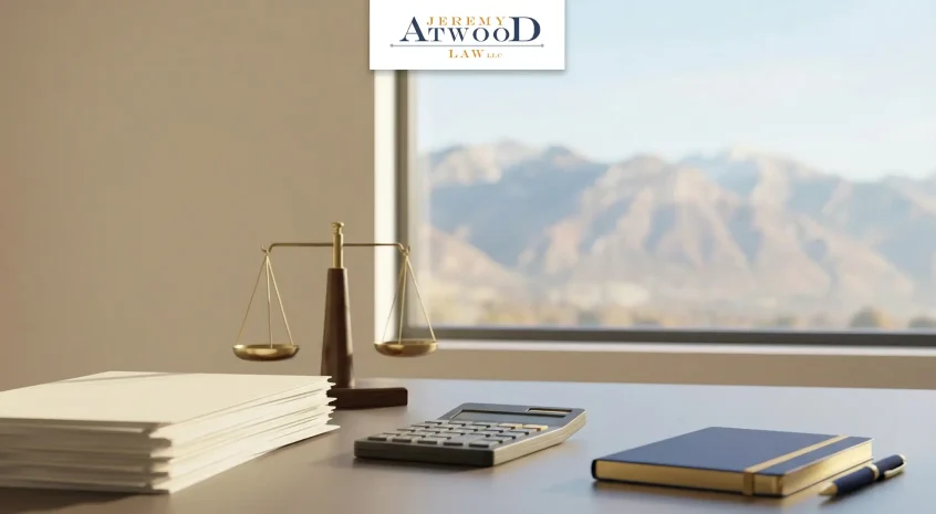Law office desk with scale of justice and divorce documents, illustrating Utah alimony factors