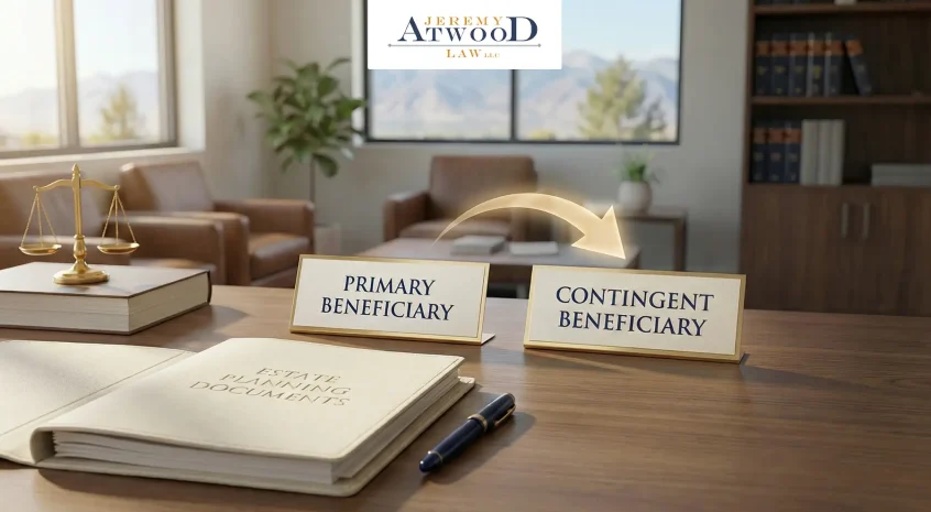 attorney's desk with estate beneficiary documents