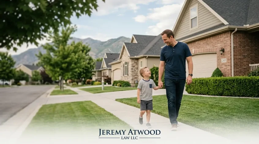 Father spending time with his child outdoors in a Layton Utah neighborhood for a Utah child custody article