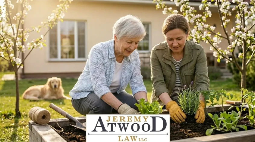 adult daughter and elderly mother gardening together in a raised bed during a sunny spring day with a golden retriever in the background and a law firm logo overlay