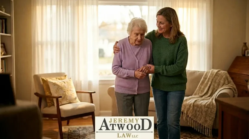 adult daughter gently helping elderly mother walk through cozy home living room with warm natural light