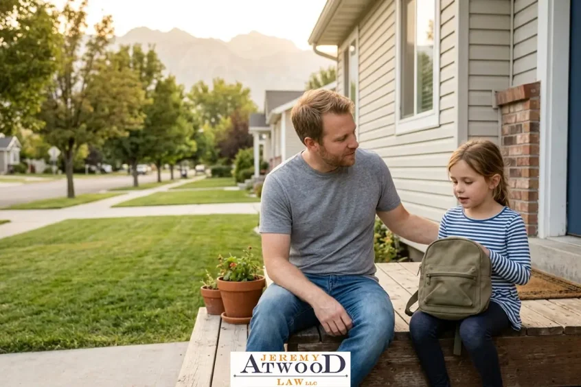 A father sits on a porch step with his young daughter, helping her with her backpack in a residential neighborhood.