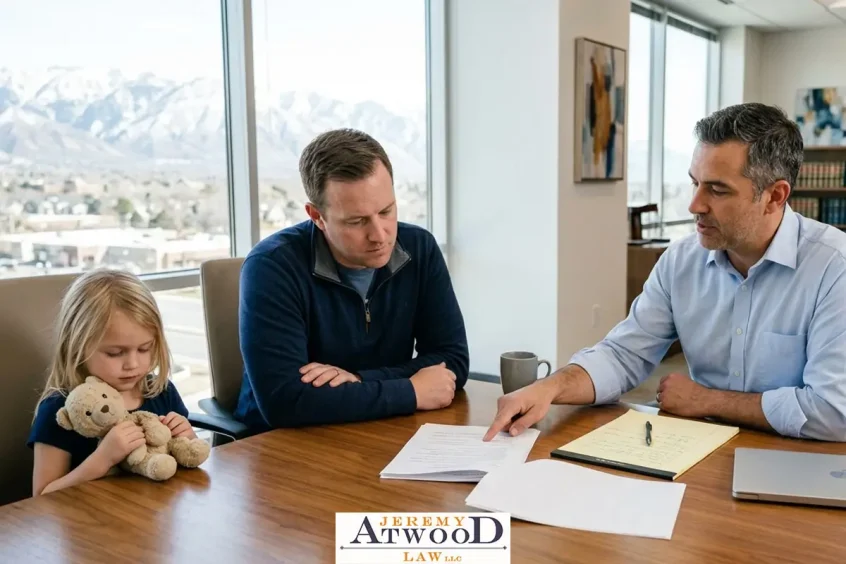 A young girl holds a teddy bear at a conference table while her father and an attorney review documents together, with mountain views through the window.