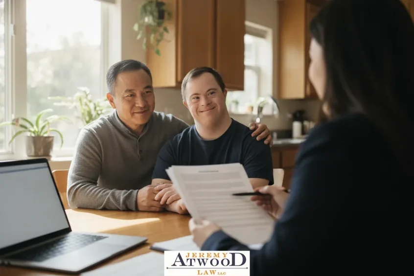 Jeremy Atwood Law attorney reviewing adult guardianship papers with a father and adult son in Utah